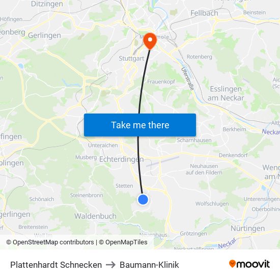 Plattenhardt Schnecken to Baumann-Klinik map