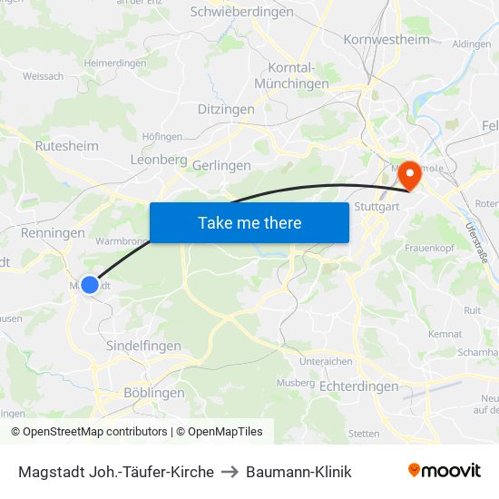 Magstadt Joh.-Täufer-Kirche to Baumann-Klinik map