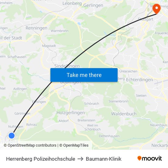 Herrenberg Polizeihochschule to Baumann-Klinik map