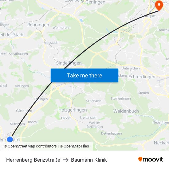 Herrenberg Benzstraße to Baumann-Klinik map