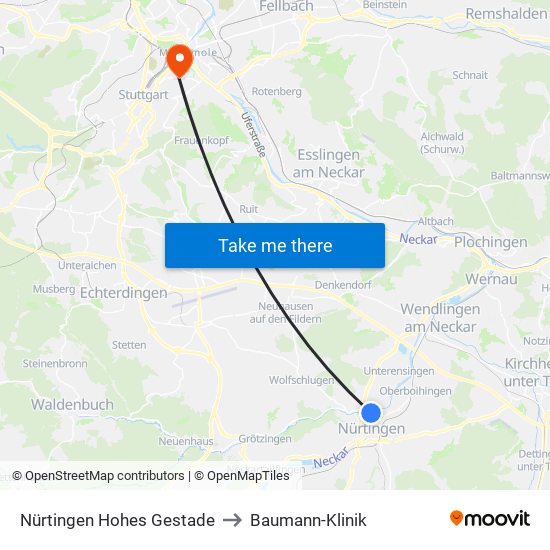 Nürtingen Hohes Gestade to Baumann-Klinik map
