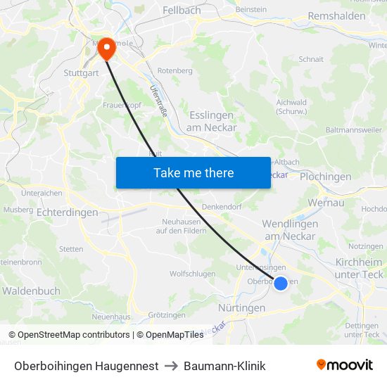 Oberboihingen Haugennest to Baumann-Klinik map