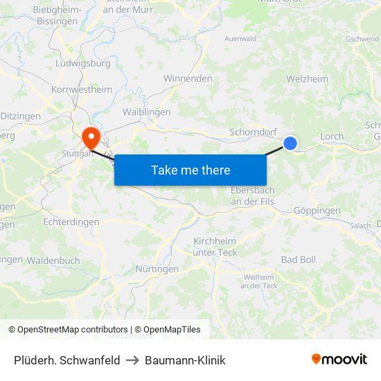 Plüderh. Schwanfeld to Baumann-Klinik map