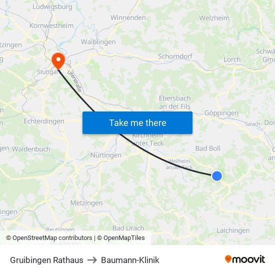Gruibingen Rathaus to Baumann-Klinik map