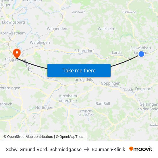 Schw. Gmünd Vord. Schmiedgasse to Baumann-Klinik map