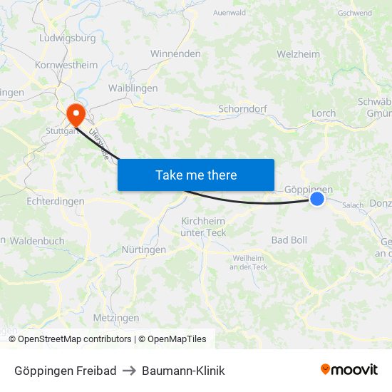 Göppingen Freibad to Baumann-Klinik map