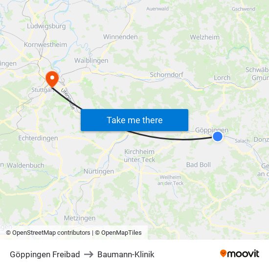 Göppingen Freibad to Baumann-Klinik map