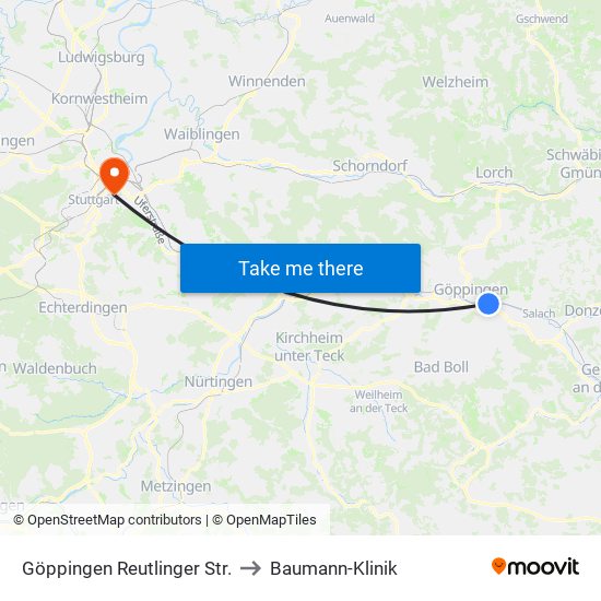 Göppingen Reutlinger Str. to Baumann-Klinik map