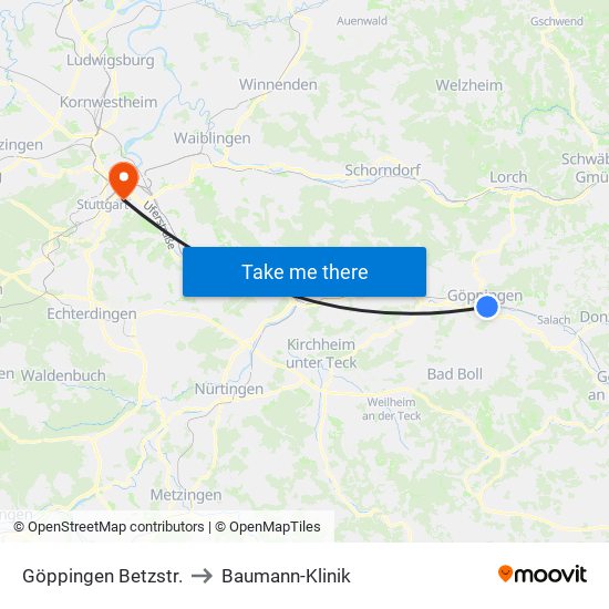 Göppingen Betzstr. to Baumann-Klinik map
