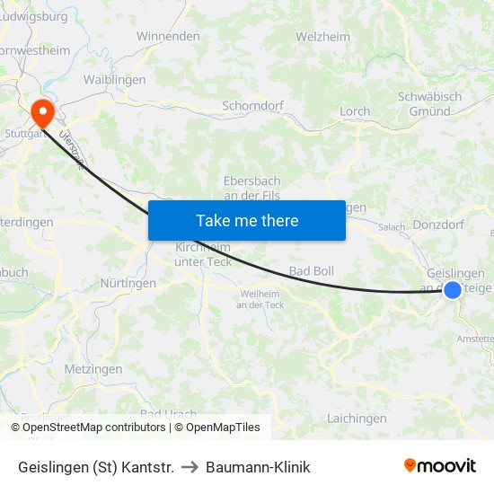Geislingen (St) Kantstr. to Baumann-Klinik map