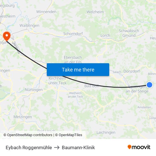 Eybach Roggenmühle to Baumann-Klinik map