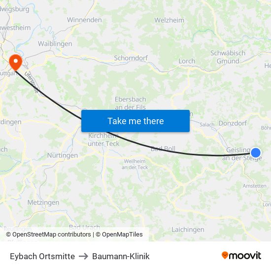Eybach Ortsmitte to Baumann-Klinik map