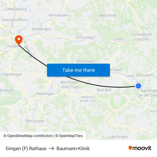 Gingen (F) Rathaus to Baumann-Klinik map