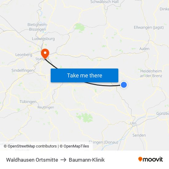 Waldhausen Ortsmitte to Baumann-Klinik map