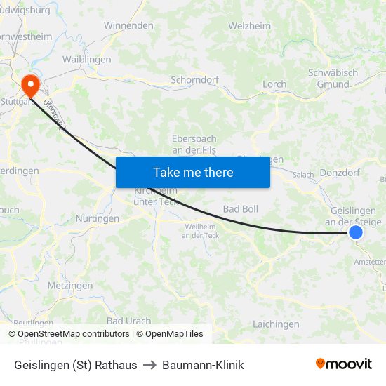 Geislingen (St) Rathaus to Baumann-Klinik map
