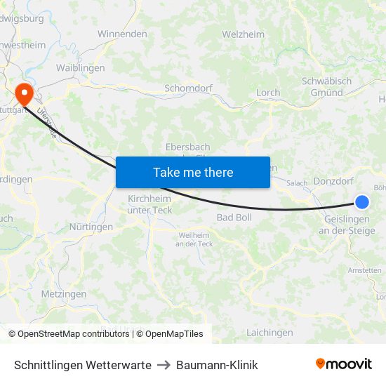 Schnittlingen Wetterwarte to Baumann-Klinik map