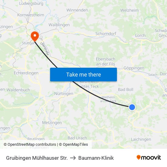 Gruibingen Mühlhauser Str. to Baumann-Klinik map