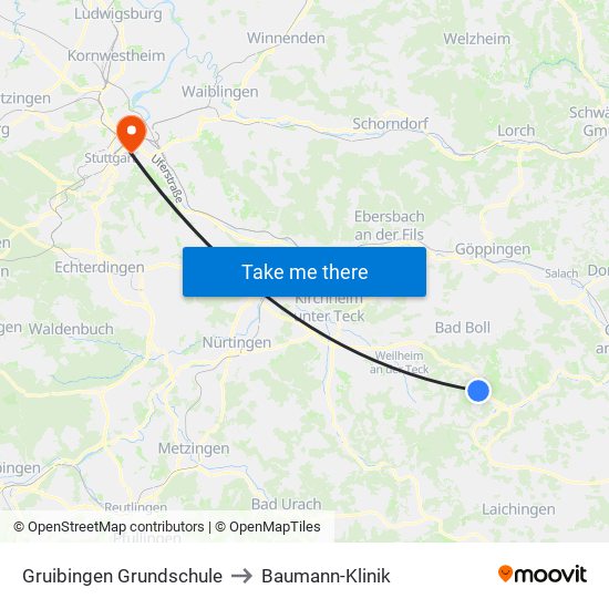 Gruibingen Grundschule to Baumann-Klinik map