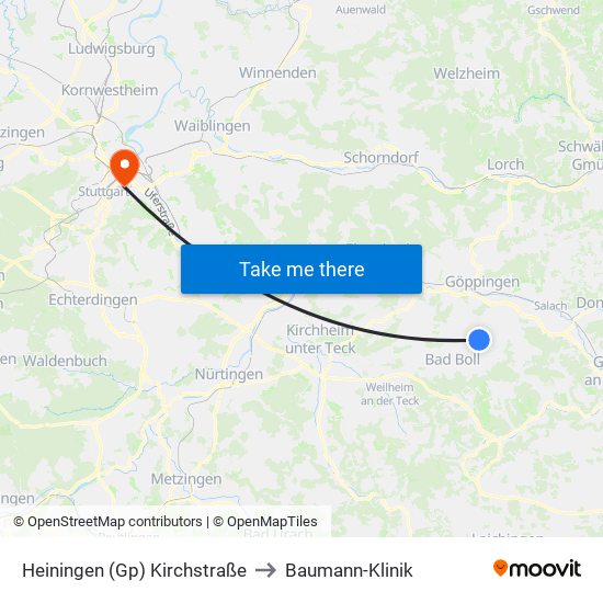 Heiningen (Gp) Kirchstraße to Baumann-Klinik map