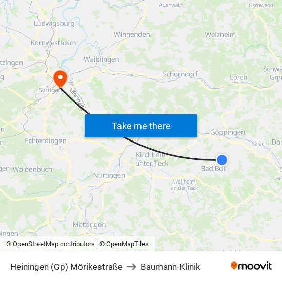 Heiningen (Gp) Mörikestraße to Baumann-Klinik map