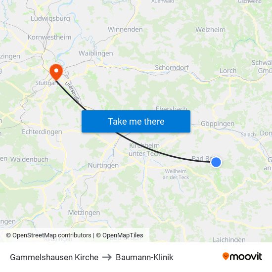 Gammelshausen Kirche to Baumann-Klinik map