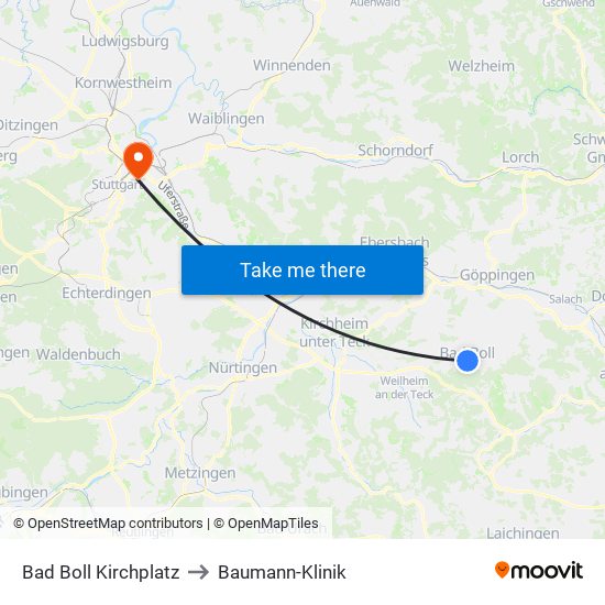 Bad Boll Kirchplatz to Baumann-Klinik map