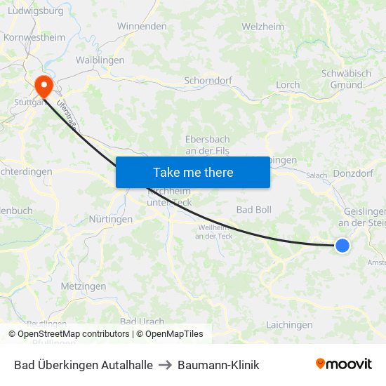 Bad Überkingen Autalhalle to Baumann-Klinik map