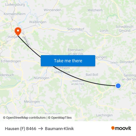 Hausen (F) B466 to Baumann-Klinik map