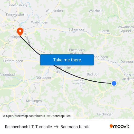 Reichenbach I.T. Turnhalle to Baumann-Klinik map