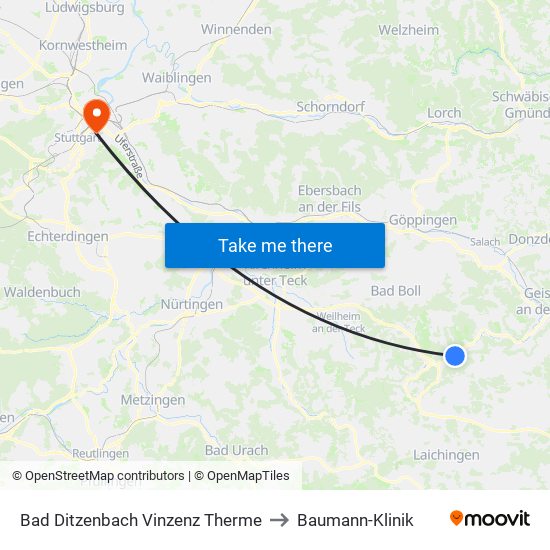 Bad Ditzenbach Vinzenz Therme to Baumann-Klinik map