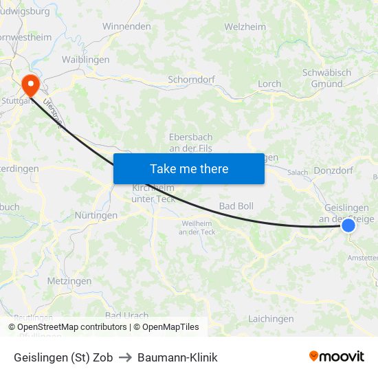 Geislingen (St) Zob to Baumann-Klinik map