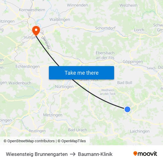 Wiesensteig Brunnengarten to Baumann-Klinik map