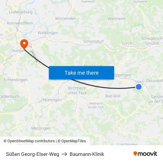 Süßen Georg-Elser-Weg to Baumann-Klinik map