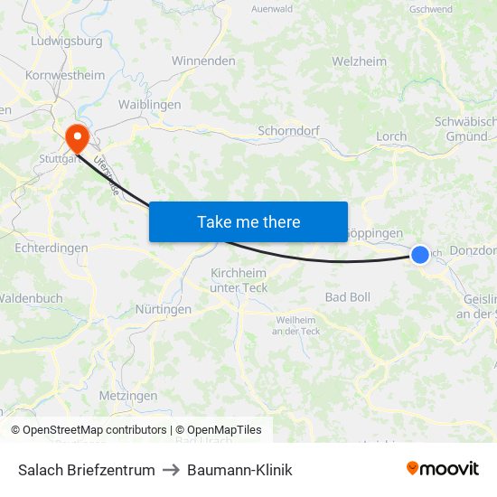 Salach Briefzentrum to Baumann-Klinik map