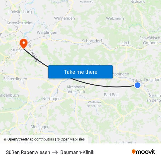 Süßen Rabenwiesen to Baumann-Klinik map