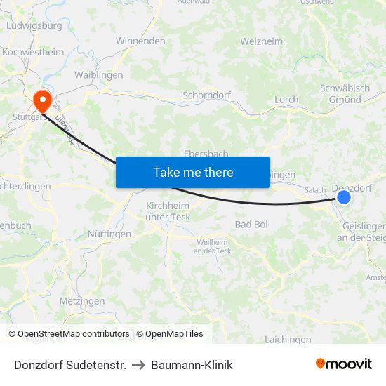 Donzdorf Sudetenstr. to Baumann-Klinik map