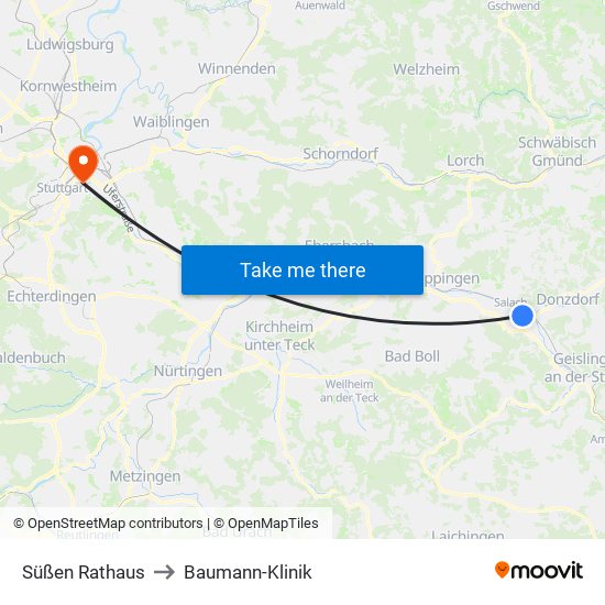 Süßen Rathaus to Baumann-Klinik map