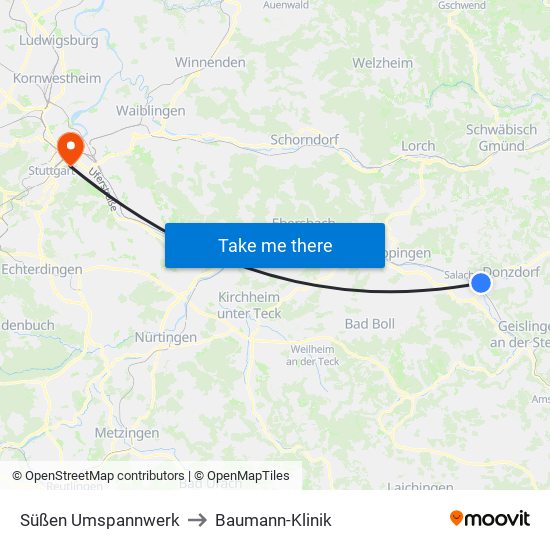 Süßen Umspannwerk to Baumann-Klinik map