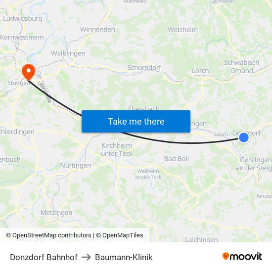 Donzdorf Bahnhof to Baumann-Klinik map