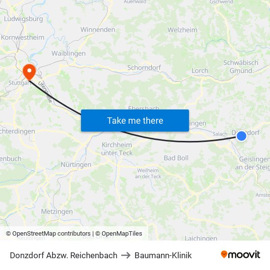 Donzdorf Abzw. Reichenbach to Baumann-Klinik map