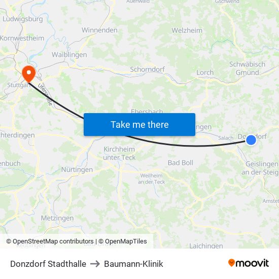 Donzdorf Stadthalle to Baumann-Klinik map