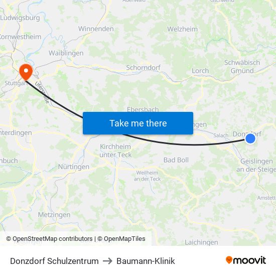 Donzdorf Schulzentrum to Baumann-Klinik map