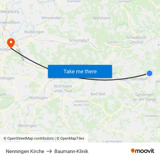 Nenningen Kirche to Baumann-Klinik map