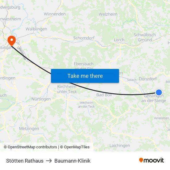 Stötten Rathaus to Baumann-Klinik map