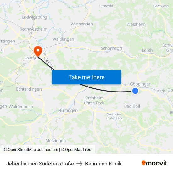 Jebenhausen Sudetenstraße to Baumann-Klinik map