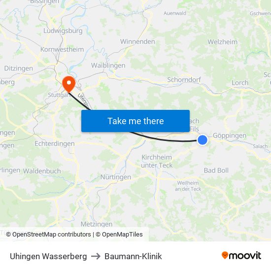 Uhingen Wasserberg to Baumann-Klinik map