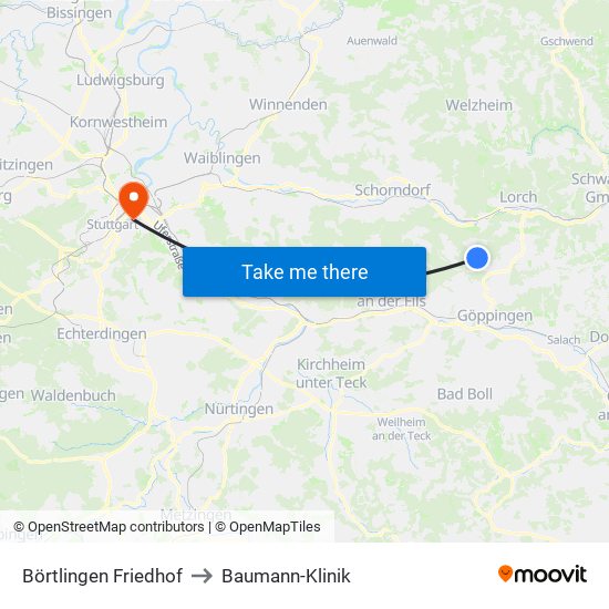 Börtlingen Friedhof to Baumann-Klinik map
