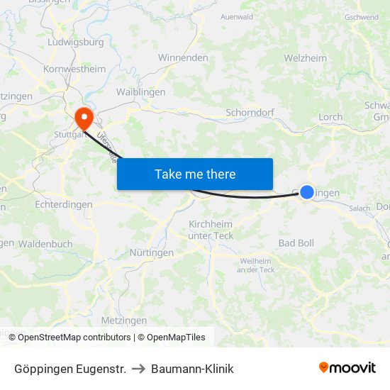 Göppingen Eugenstr. to Baumann-Klinik map