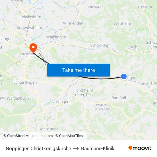 Göppingen Christkönigskirche to Baumann-Klinik map