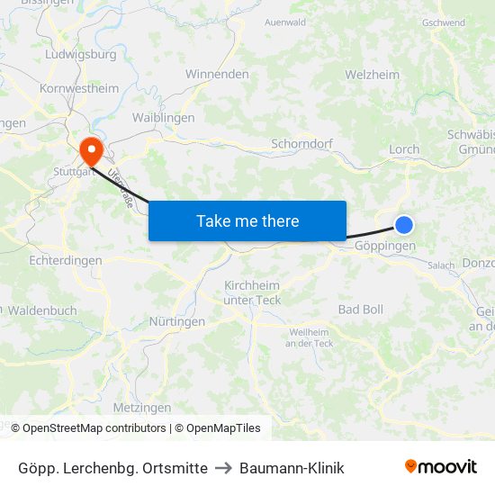 Göpp. Lerchenbg. Ortsmitte to Baumann-Klinik map